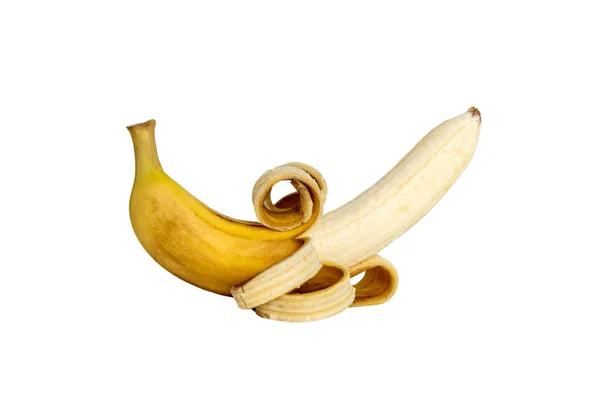 Gele bananen gepelde huid drop geïsoleerd. — Stockfoto