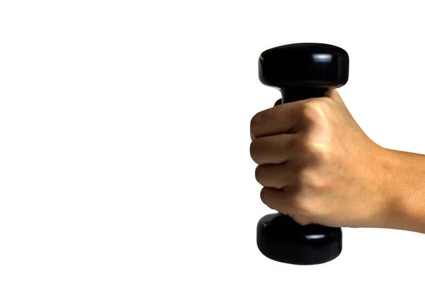 Hand holding black dumbbell isolated — Stock Photo, Image