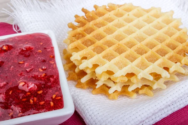 Waffles with raspberries jam — Stock Photo, Image