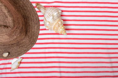 Yaz tatili, turizm, seyahat, tatil kavramı. Deniz kabukları, plaj şapka ve beyaz çizgili battaniye. Metin için yer ile Üstten Görünüm.