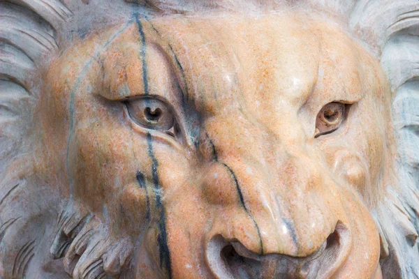 Gözde bir yara izi ile mermer bir aslan heykeli