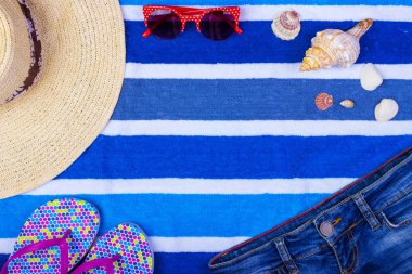 Metin için yer ile saman Beach kadının şapka güneş gözlüğü üst görünüm Seashell şort Flip flop.