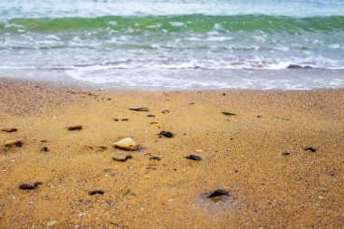 Sahil kumu üzerinde dağılmış küçük taş yakın çekim