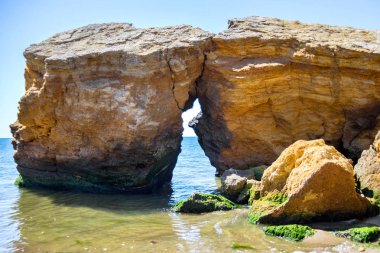 Hala deniz kıyı mavi su ve taş ile. Yosunlu deniz yosunu taşlar volkanik sahilde. Tropik ada wild coast. Egzotik ada akşam. Tropik sahil