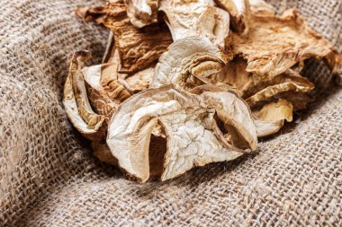 kurutulmuş mantar üstünde tutuyordu. Üstten Görünüm porcini mantar kurutulmuş