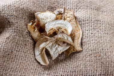 kurutulmuş mantar üstünde tutuyordu. Üstten Görünüm porcini mantar kurutulmuş