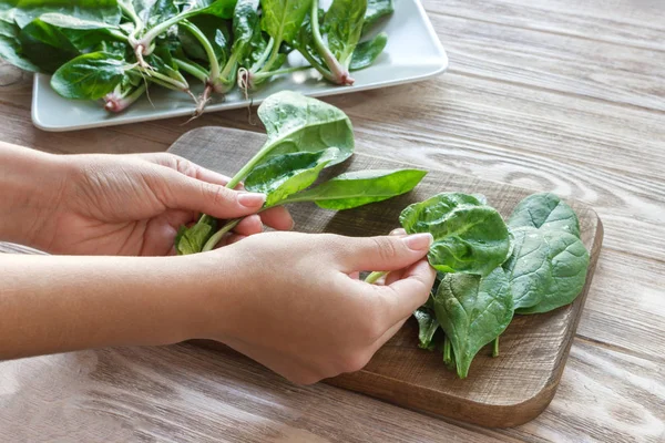 Vegetarian bakery concept. Chef's hands cutting spinach in kitchen of cafe, restaurant. Close up — Stock Photo, Image