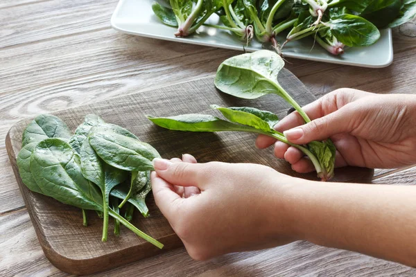 Woman hands holding spinach at home. healthy eating, baby food, diet and cooking concept - Girl's hands tear the spinach — Stock Photo, Image