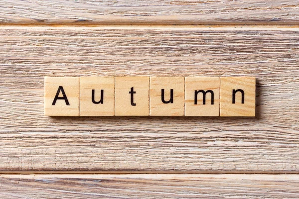 Autumn word written on wood block. Autumn text on table, concept
