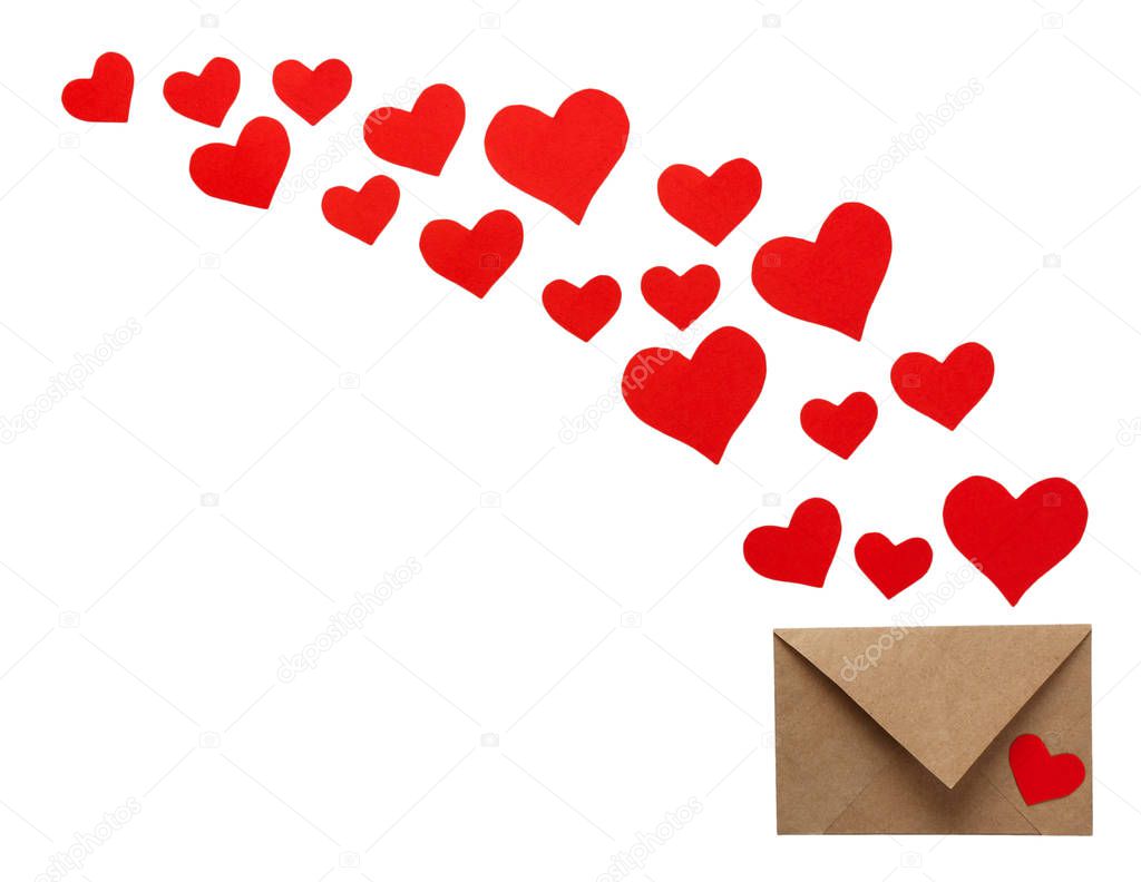 Colorful Valentine Day greeting card envelopes with heart. Red hearts pours out of the envelope isolated on white. Hearts fly out from the envelope. Love Letter