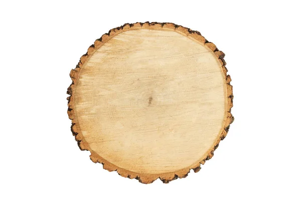 Tabla de cortar redonda de madera aislada sobre fondo blanco. tocón de madera aislado — Foto de Stock