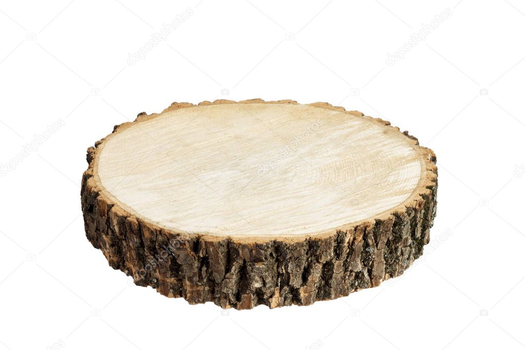 wooden round chopping board isolated on white background. Wooden stump isolated