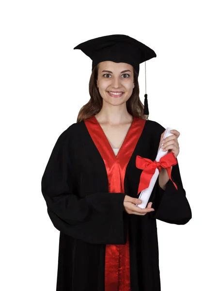 Hermosa mujer caucásica con un vestido de graduación negro con un diploma y muy feliz y emocionado aislado sobre un fondo blanco —  Fotos de Stock