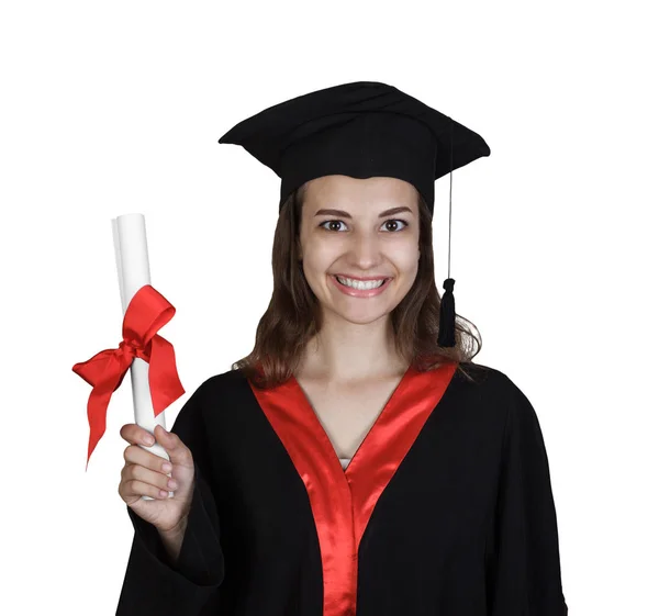 Top view happy young woman graduating holding diploma — Stock Photo, Image