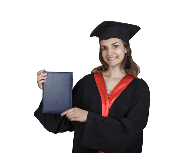 Hermosa estudiante graduada en el manto que muestra placa de cartel en blanco, aislado sobre fondo blanco —  Fotos de Stock
