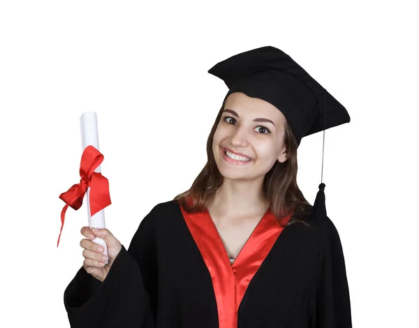 Feliz joven en vestido de graduación mostrando diploma —  Fotos de Stock