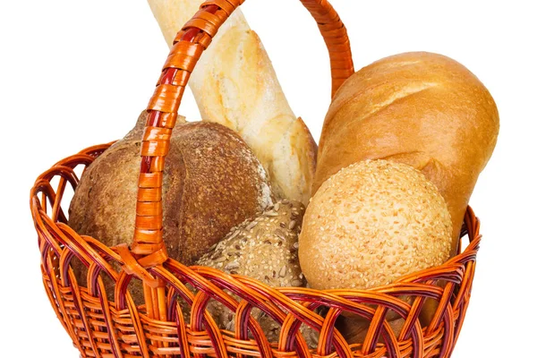 Bread in a basket. Isolated on white close up — Stock Photo, Image