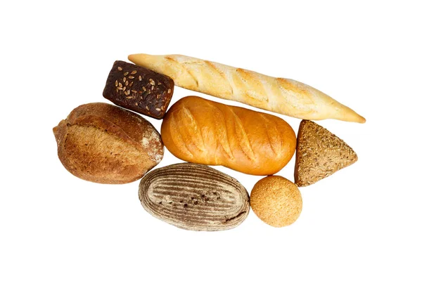 Samenstelling met brood en broodjes, geïsoleerd op witte achtergrond — Stockfoto