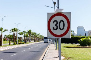 Yolun bir yaz gününde palmiye ağacı ile güneş paneli ile hız sınırı işareti. Bir çakıl yol h 30 km hız sınırıdır