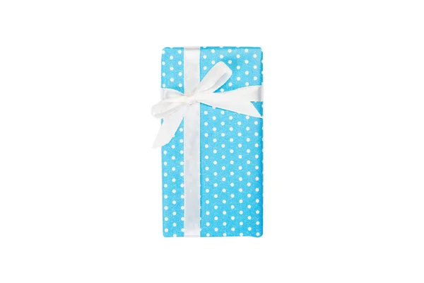 Christmas or other holiday handmade present in blue paper with white ribbon. Isolated on white background, top view. thanksgiving Gift box concept — Stock Photo, Image