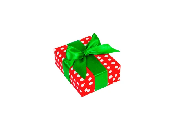 Christmas or other holiday handmade present in red paper with Green ribbon. Isolated on white background, top view. thanksgiving Gift box concept — Stock Photo, Image