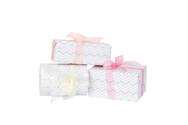 Group of Christmas or other holiday handmade present in colored paper with pink, yellow and orange ribbon. Isolated on white background, top view. thanksgiving Gift box concept — Stock Photo, Image