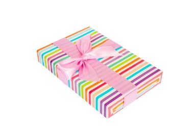 Noel ya da pembe kurdeleli renkli kağıttan yapılmış diğer tatil hediyeleri. Beyaz arkaplanda izole edilmiş, üst manzara. Şükran Günü hediye kutusu konsepti