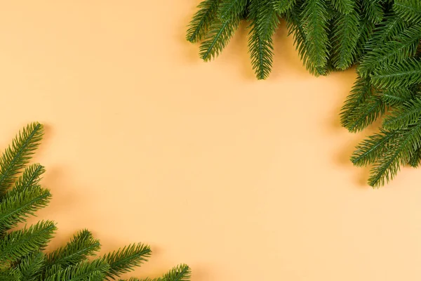 Vista superior de fondo colorido hecho de ramas de abeto verde. Año nuevo concepto de vacaciones con espacio de copia —  Fotos de Stock