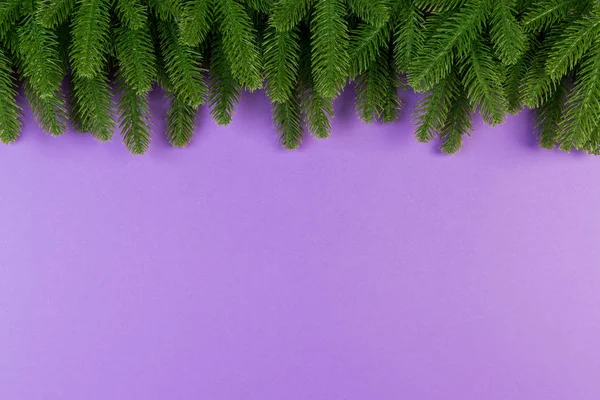 Draufsicht auf bunten festlichen Hintergrund aus Tannenzweig. Weihnachtsferien-Konzept mit Kopierraum — Stockfoto