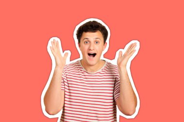 Şaşırdım genç adam. Duygusal adam moda rengi ile dergi kolajı tarzını izole etti