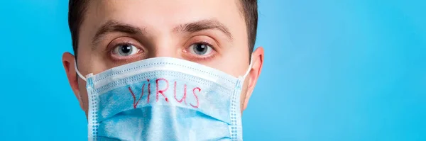 Portrait Young Man Protective Mask Virus Text Blue Background Coronavirus — 스톡 사진