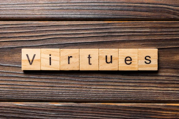 Virtues Word Written Wood Block Virtues Text Wooden Table Your — Stock Photo, Image