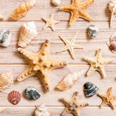 Denizyıldızı ve deniz kabukları ahşap bir masa üzerinde arka plan, üst görünümü, düz yatıyordu.