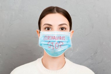 Tıbbi maskeli bir kadının portresi Coronavirus yazısını gri çimento arka planda durdurmuş. Coronavirus konsepti. Solunum koruması.