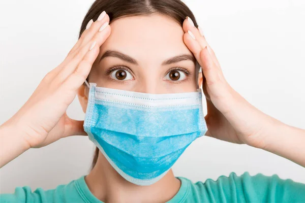Portrait Young Shocked Woman Wearing Medical Mask White Background Protect — Stock Photo, Image