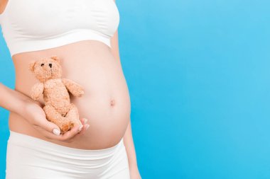 Beyaz iç çamaşırlı hamile bir kadının mavi arka planda karnına oyuncak ayı dayadığı yakın plan. Genç anne bir bebek bekliyor. Boşluğu kopyala.