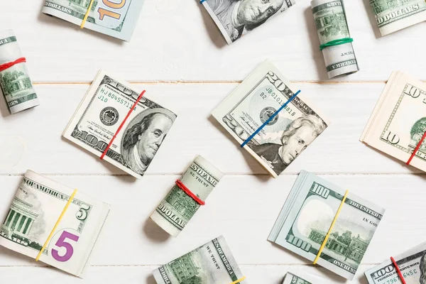 Barevné Pozadí Penězi Americké Stovky Dolarových Bankovek Vrcholu Wiev Prostorem — Stock fotografie