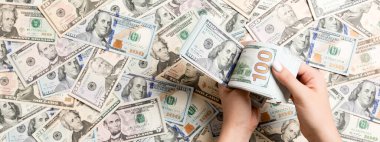 Kadın ellerinin dolar üzerinden para saydığı en iyi manzara. Borç konsepti. Yatırım kavramı.