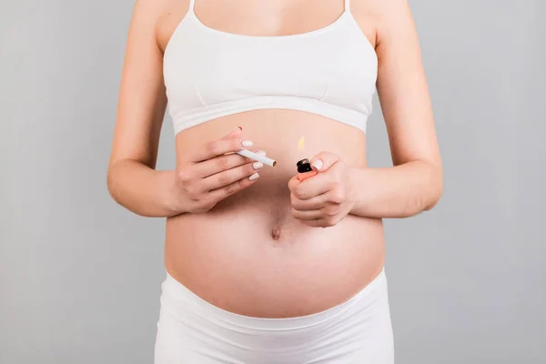 Close Pregnant Woman White Underwear Holding Cigarette Lighter Gray Background — Stock Photo, Image