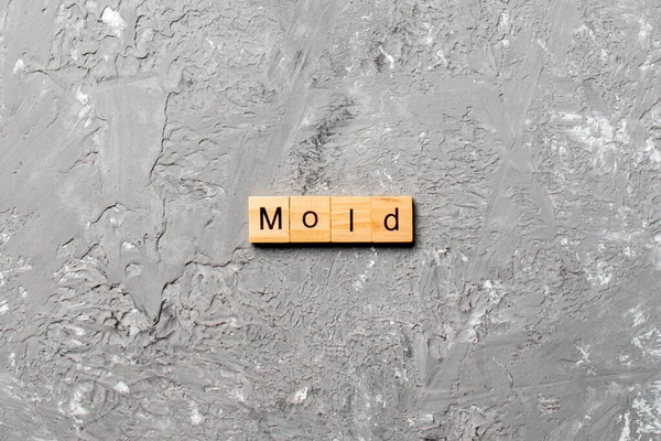 Mold word written on wood block. Mold text on table, concept.
