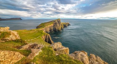 Neist Point Işıkevi güzel manzara Skye Adası İskoçya İskoçya Uk 'a uzun süre açık
