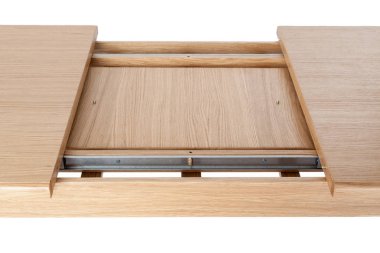 Mobilya parçaları, katlanan mutfak masası. Ahşap modern masa beyaz arka planda izole edilmiş. Mutfak yemek masası. Yakın plan..