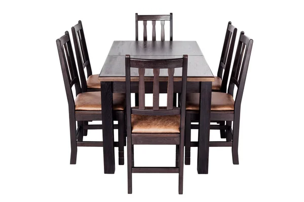 餐桌和六个厨房椅子，白色背景隔离。 用天然木材做的家具. — 图库照片