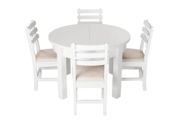 精致的白色桌子和有裁剪路径的椅子。 白色的桌子和椅子隔离在白色的背景上. 在厨房里吃午饭用的一套家具. — 图库照片