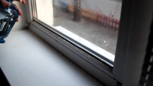 Erkekler Evlerinde Camları Siler Çamaşır Spreyi Toz Beziyle Pencereyi Temizliyorum — Stok video