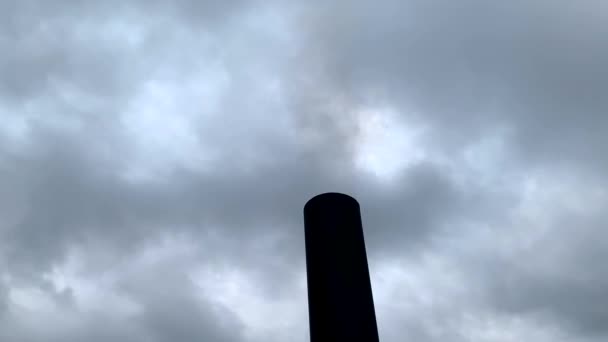 煙は灰色の曇った空に対する黒い工場の煙突から来ています 木の暖房から煙 大気汚染だ 環境問題 — ストック動画
