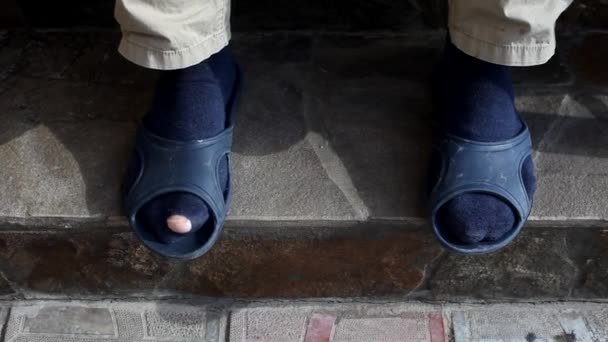 Man Torn Socks Rubber Slippers Funny Moves His Finger Man — Stock Video