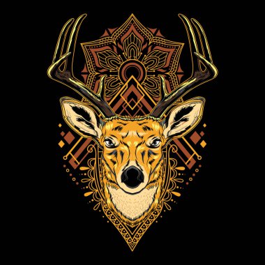 Cool Geyik Vektörü Mandala Geometri Çizimi Siyah Tişört Grafikleri, Kapüşonlular, Tank Toplar, Kupalar, Telefon Kutuları, Çıkartmalar, Posterler vs.