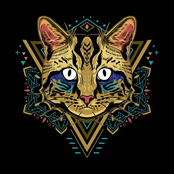 Cool Cat Vector Mandala Geometry Illustration Black Background Shirt Graphics — стоковое фото
