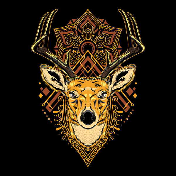 Cool Deer Vector Mandala Geometry Illustration in Black Background for T-Shirt Graphics, Hoodies, Tank Tops, Mugs, Phone Cases, Stickers, Posters etc